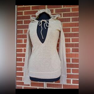 Theory Beige cashmere Wool Blend hooded v-neck sweater